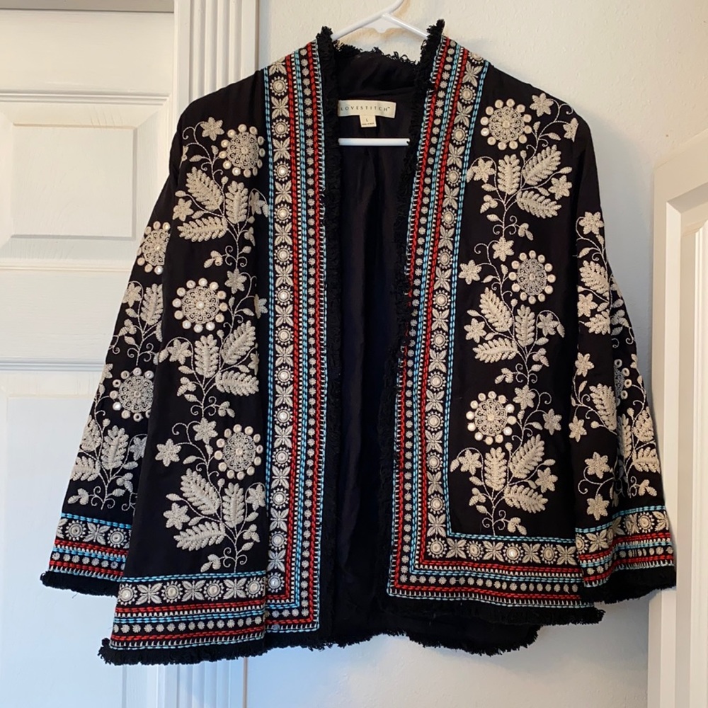NWOT Embroidered statement fringe jacket